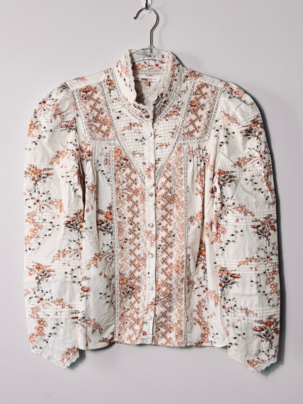 LoveShackFancy Laredo Pintuck Lace Cotton Blouse Ivory Pink Floral Size Medium - Picture 5 of 11